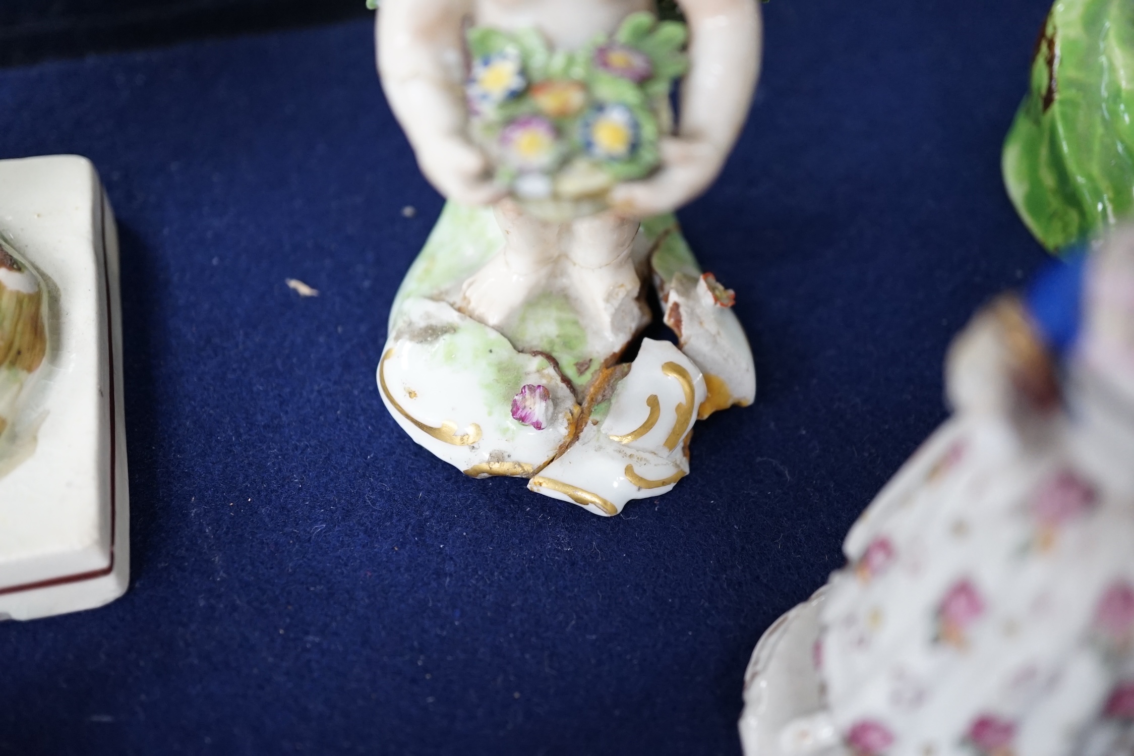 A group of early 19th century and later Staffordshire and other figures, Staffordshire enamel boxes etc, largest 17cm high